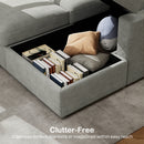 Gray sofa with storage compartment containing books and pillows, labeled 'Clutter-Free'.