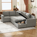 Gray sectional sleeper sofa with storage drawers in a living room setting.