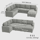 Gray sectional sleeper sofa with dimensions labeled on a white background