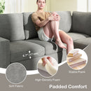 Woman sitting on a gray sectional sofa with text and images highlighting comfort features.
