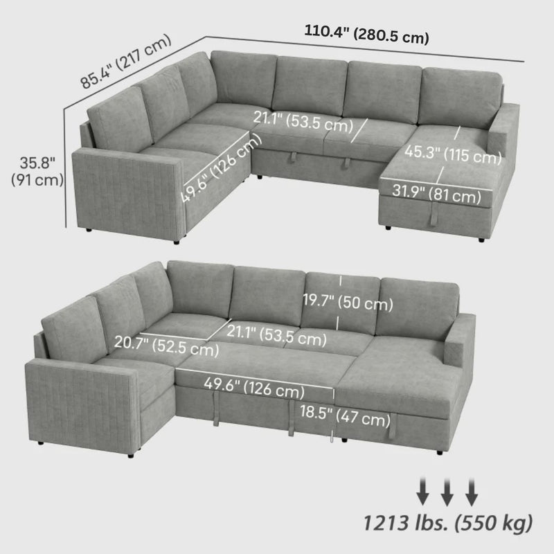 Gray sectional sleeper sofa with dimensions labeled on a white background