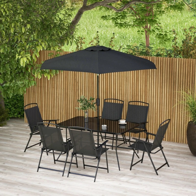 Bauden Creek 8pc Outdoor Patio Dining Set with 6 Folding Chairs, Table and Umbrella - Black