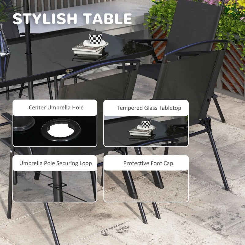 Bauden Creek 8pc Outdoor Patio Dining Set with 6 Folding Chairs, Table and Umbrella - Black