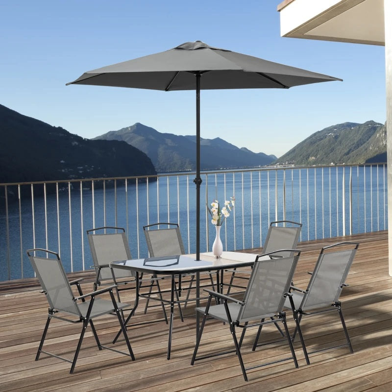 Bauden Creek 8pc Outdoor Patio Dining Set with 6 Folding Chairs, Table and Umbrella - Dark Grey