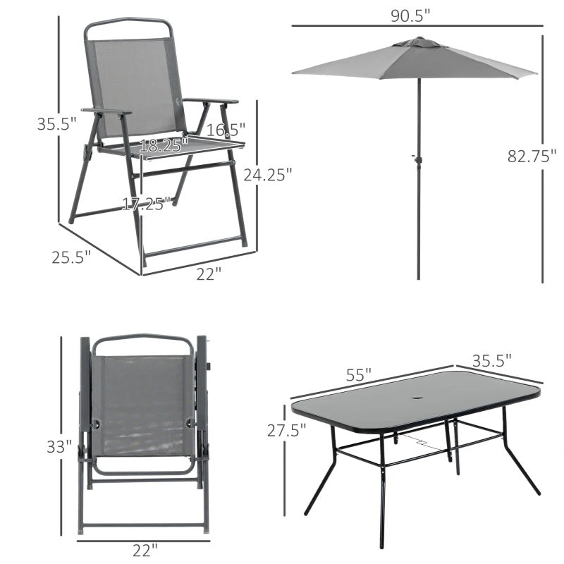 Bauden Creek 8pc Outdoor Patio Dining Set with 6 Folding Chairs, Table and Umbrella - Dark Grey