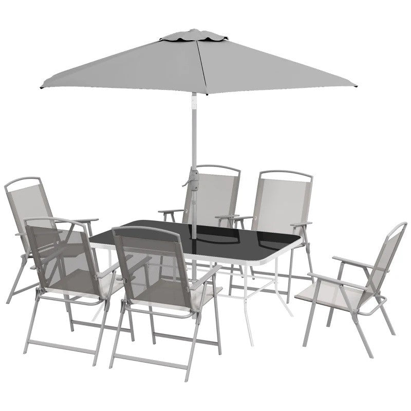 Bauden Creek 8pc Outdoor Patio Dining Set with 6 Folding Chairs, Table and Umbrella - Grey