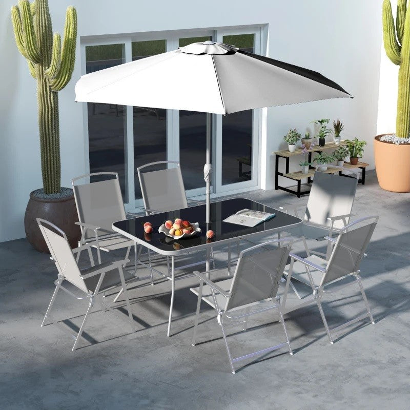 Bauden Creek 8pc Outdoor Patio Dining Set with 6 Folding Chairs, Table and Umbrella - Grey