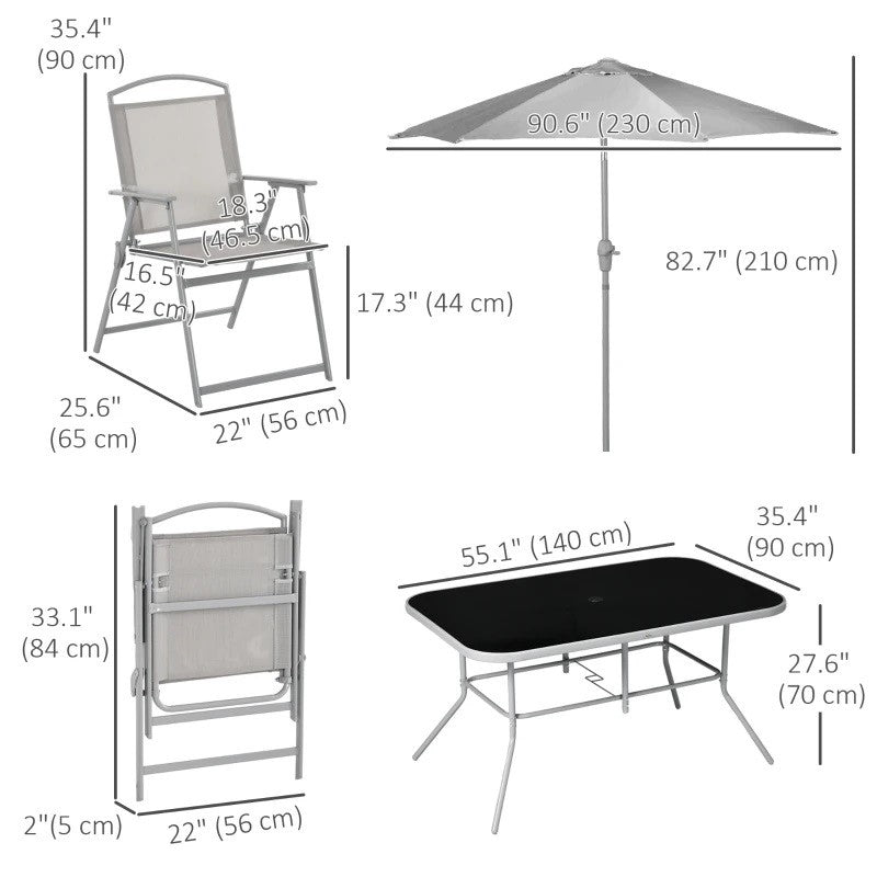 Bauden Creek 8pc Outdoor Patio Dining Set with 6 Folding Chairs, Table and Umbrella - Grey