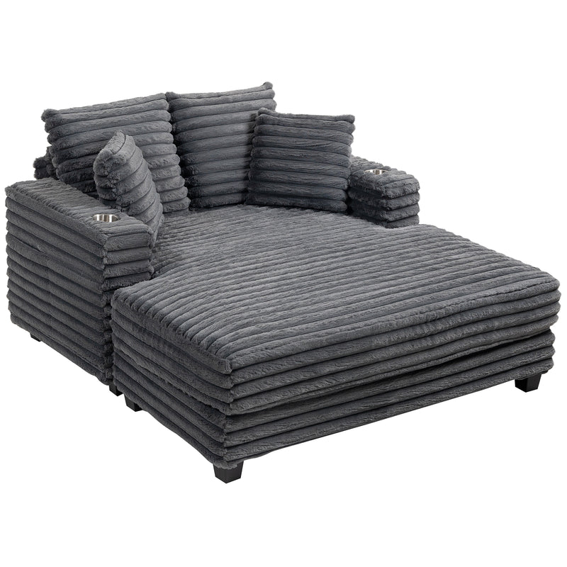 Oversized Chaise Lounge Comfy Chair with Grey Microfibre Corduroy Upholstery, Angled View on White Background 
