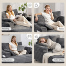 Woman Showing Different Sitting Positions in Oversized Chaise Lounge Comfy Chair with Grey Microfibre Corduroy Upholstery. 