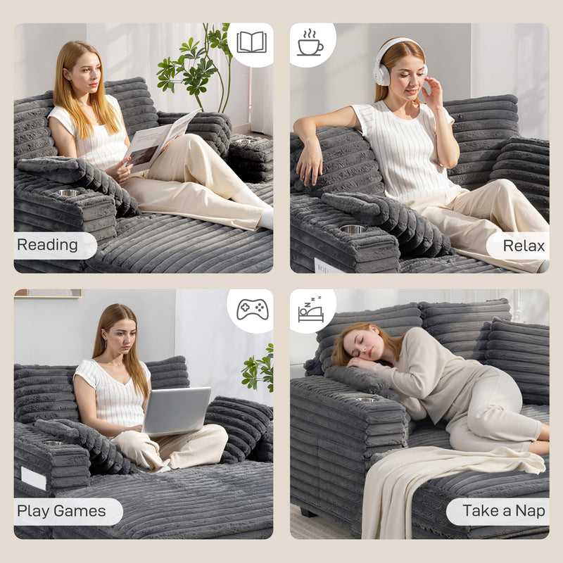 Woman Showing Different Sitting Positions in Oversized Chaise Lounge Comfy Chair with Grey Microfibre Corduroy Upholstery. 