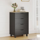 Black dresser with four drawers in a room with a white wall and wooden floor.