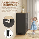 Clothing storage unit with anti-tipping hardware feature, child in a room.