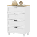 White 4 drawer dresser with wooden top on a white background