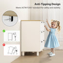 Child standing next to a cabinet with anti-tipping design features highlighted.