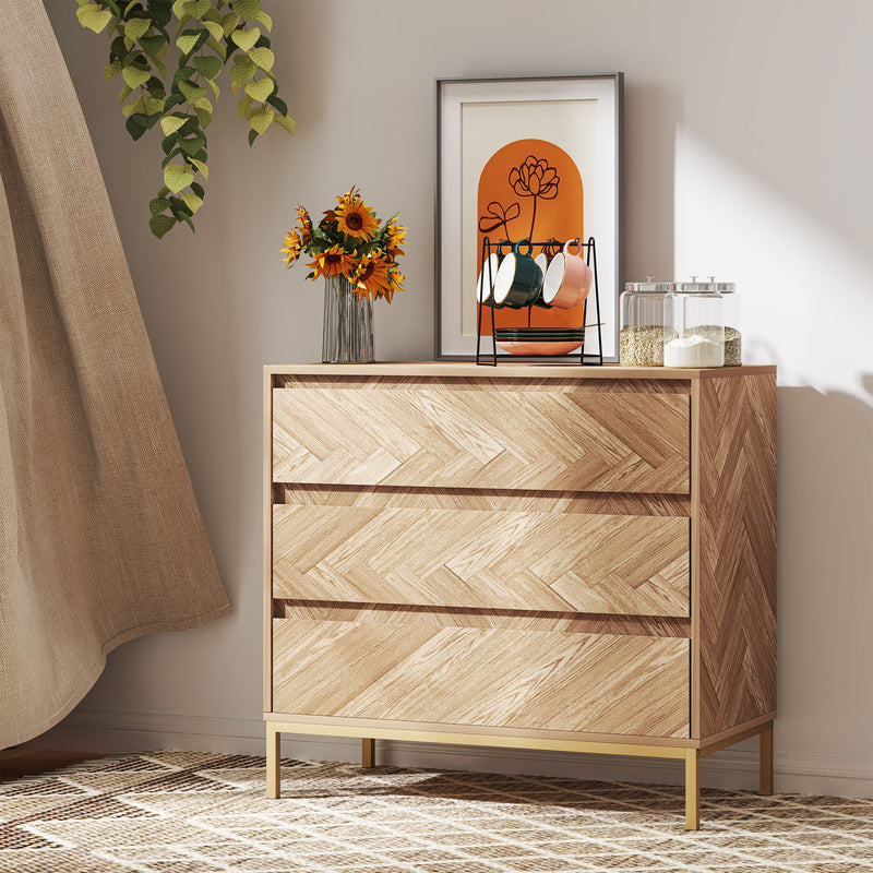 Blessed Creek 3-Drawer Herringbone Dresser for Bedroom - Natural Wood