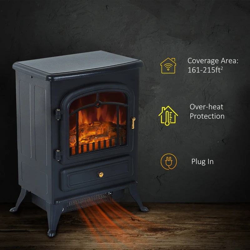 Brindle Acres 16" Black Stove Like Electric Fireplace Heater with Realistic Log and 750/1500W Heater