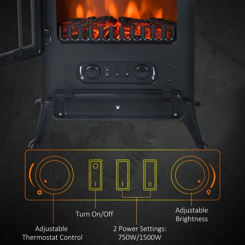 Brindle Acres 16" Black Stove Like Electric Fireplace Heater with Realistic Log and 750/1500W Heater