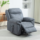 Gray recliner chair in a living room setting with a plant and table in the background.