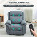 A gray recliner chair with glowing teal vibration-massage indicator circles, shown in a living room setting with a hand holding a black remote control. Text at the top reads 'VIBRATION MASSAGE' with feature callouts.