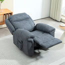 Gray recliner chair in a living room setting with a light gray rug and wooden side table.