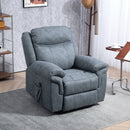 A gray fabric recliner chair with a lumbar support cushion, shown in a styled living room setting with a rug, side table, and coat rack.