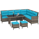 Outdoor Furniture, Cedar Loft 6pc Outdoor Patio Rattan Corner Sofa with Dining Table and Stools - Sky Blue - Seasonal Overstock