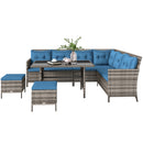 Outdoor Furniture, Cedar Loft 6pc Outdoor Patio Rattan Corner Sofa with Dining Table and Stools - Blue - Seasonal Overstock