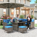 Outdoor Furniture, Cedar Loft 6pc Outdoor Patio Rattan Corner Sofa with Dining Table and Stools - Blue - Seasonal Overstock