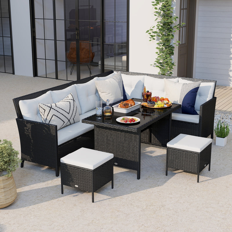 Outdoor Furniture, Cedar Loft 6pc Outdoor Patio Rattan Corner Sofa with Dining Table and Stools - White - Seasonal Overstock