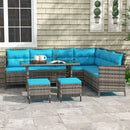 Outdoor Furniture, Cedar Loft 6pc Outdoor Patio Rattan Corner Sofa with Dining Table and Stools - Sky Blue - Seasonal Overstock