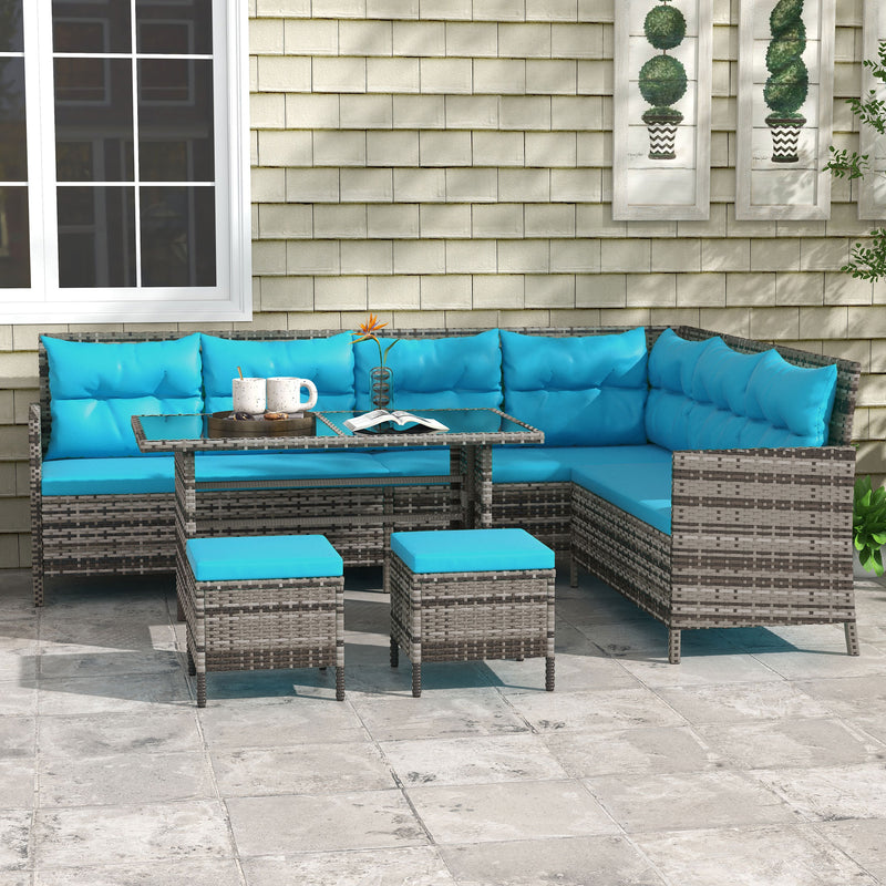 Outdoor Furniture, Cedar Loft 6pc Outdoor Patio Rattan Corner Sofa with Dining Table and Stools - Sky Blue - Seasonal Overstock