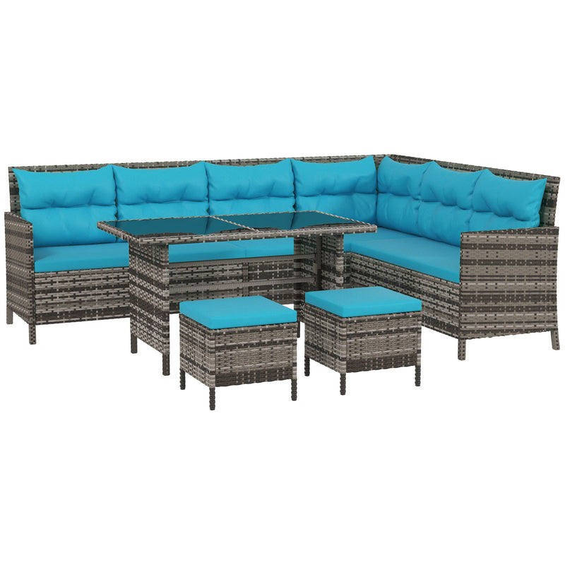 Outdoor Furniture, Cedar Loft 6pc Outdoor Patio Rattan Corner Sofa with Dining Table and Stools - Sky Blue - Seasonal Overstock
