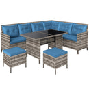 Outdoor Furniture, Cedar Loft 6pc Outdoor Patio Rattan Corner Sofa with Dining Table and Stools - Blue - Seasonal Overstock
