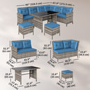 Outdoor Furniture, Cedar Loft 6pc Outdoor Patio Rattan Corner Sofa with Dining Table and Stools - Blue - Seasonal Overstock