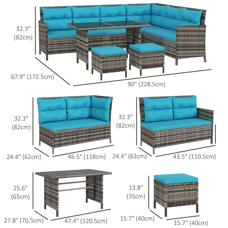 Outdoor Furniture, Cedar Loft 6pc Outdoor Patio Rattan Corner Sofa with Dining Table and Stools - Sky Blue - Seasonal Overstock
