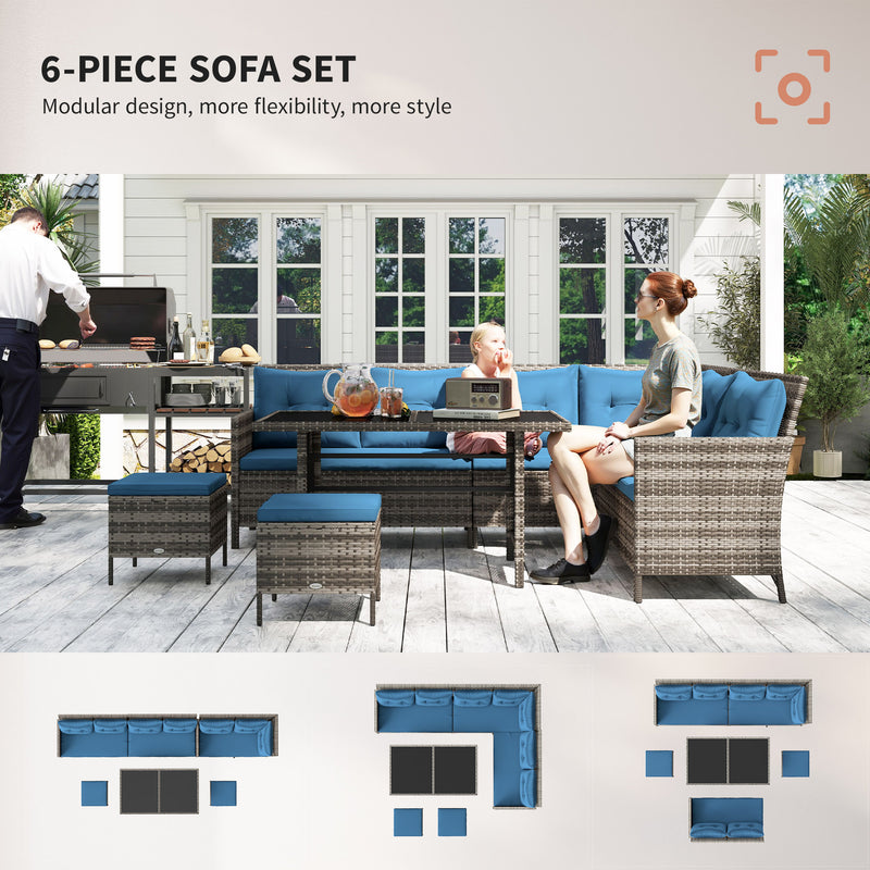Outdoor Furniture, Cedar Loft 6pc Outdoor Patio Rattan Corner Sofa with Dining Table and Stools - Blue - Seasonal Overstock