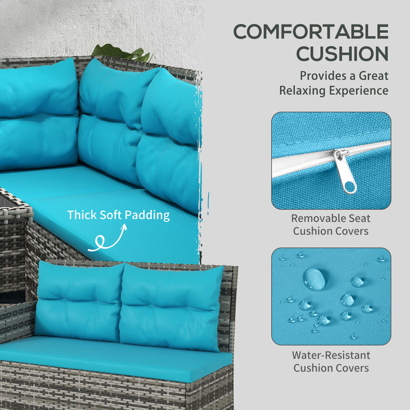 Outdoor Furniture, Cedar Loft 6pc Outdoor Patio Rattan Corner Sofa with Dining Table and Stools - Sky Blue - Seasonal Overstock