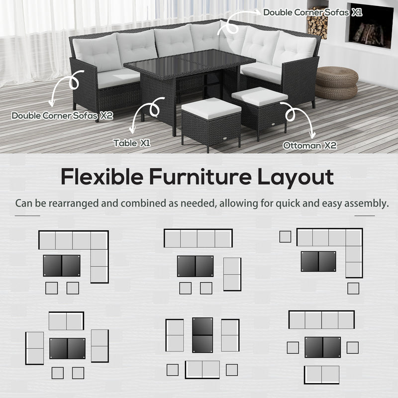 Outdoor Furniture, Cedar Loft 6pc Outdoor Patio Rattan Corner Sofa with Dining Table and Stools - White - Seasonal Overstock