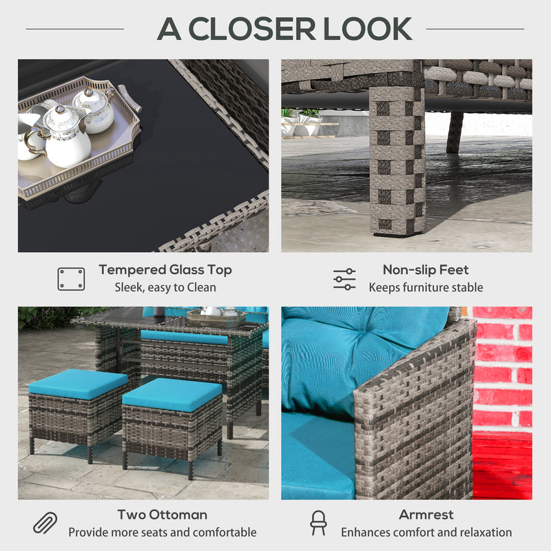 Outdoor Furniture, Cedar Loft 6pc Outdoor Patio Rattan Corner Sofa with Dining Table and Stools - Sky Blue - Seasonal Overstock