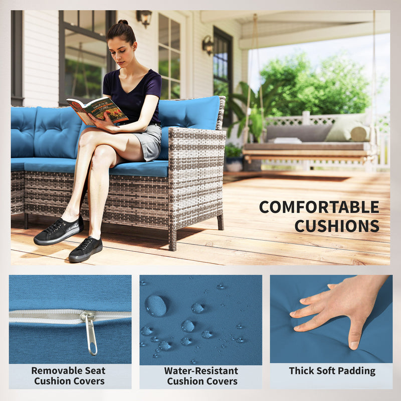 Outdoor Furniture, Cedar Loft 6pc Outdoor Patio Rattan Corner Sofa with Dining Table and Stools - Blue - Seasonal Overstock