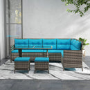 Outdoor Furniture, Cedar Loft 6pc Outdoor Patio Rattan Corner Sofa with Dining Table and Stools - Sky Blue - Seasonal Overstock