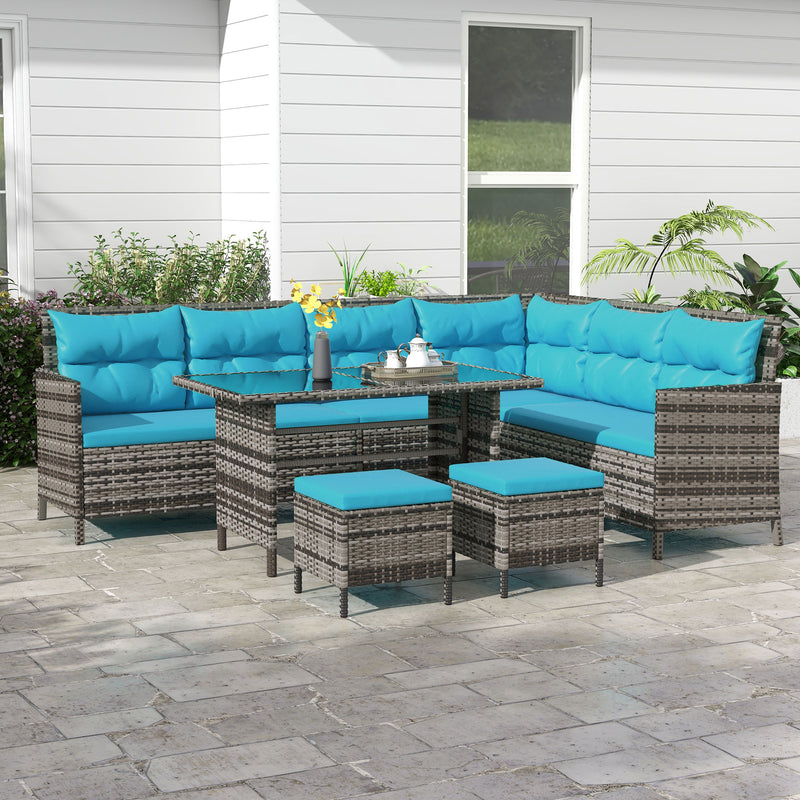 Outdoor Furniture, Cedar Loft 6pc Outdoor Patio Rattan Corner Sofa with Dining Table and Stools - Sky Blue - Seasonal Overstock