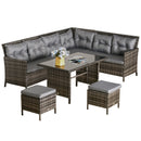 Outdoor patio furniture set with grey cushions. A sectional sofa, table, and ottomans on a white background