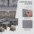 Outdoor furniture set with gray cushions, highlighting comfort features like thick soft padding and water-resistant covers.