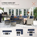 6-piece outdoor sofa set with people using a laptop on a patio