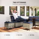 Outdoor furniture set with two ottomans, foot rest, extra seat, and side table on a patio.