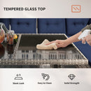 Person cleaning a tempered glass table top with text highlighting features.