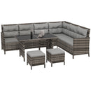Outdoor patio furniture set with light grey cushions on a white background