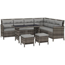 Grey outdoor patio furniture set with a sectional sofa and ottomans on a white background